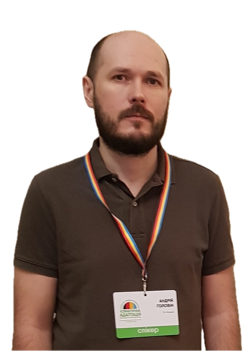 Man wearing a green T-shirt and badge tag on a yellow-blue-red-black ribbon